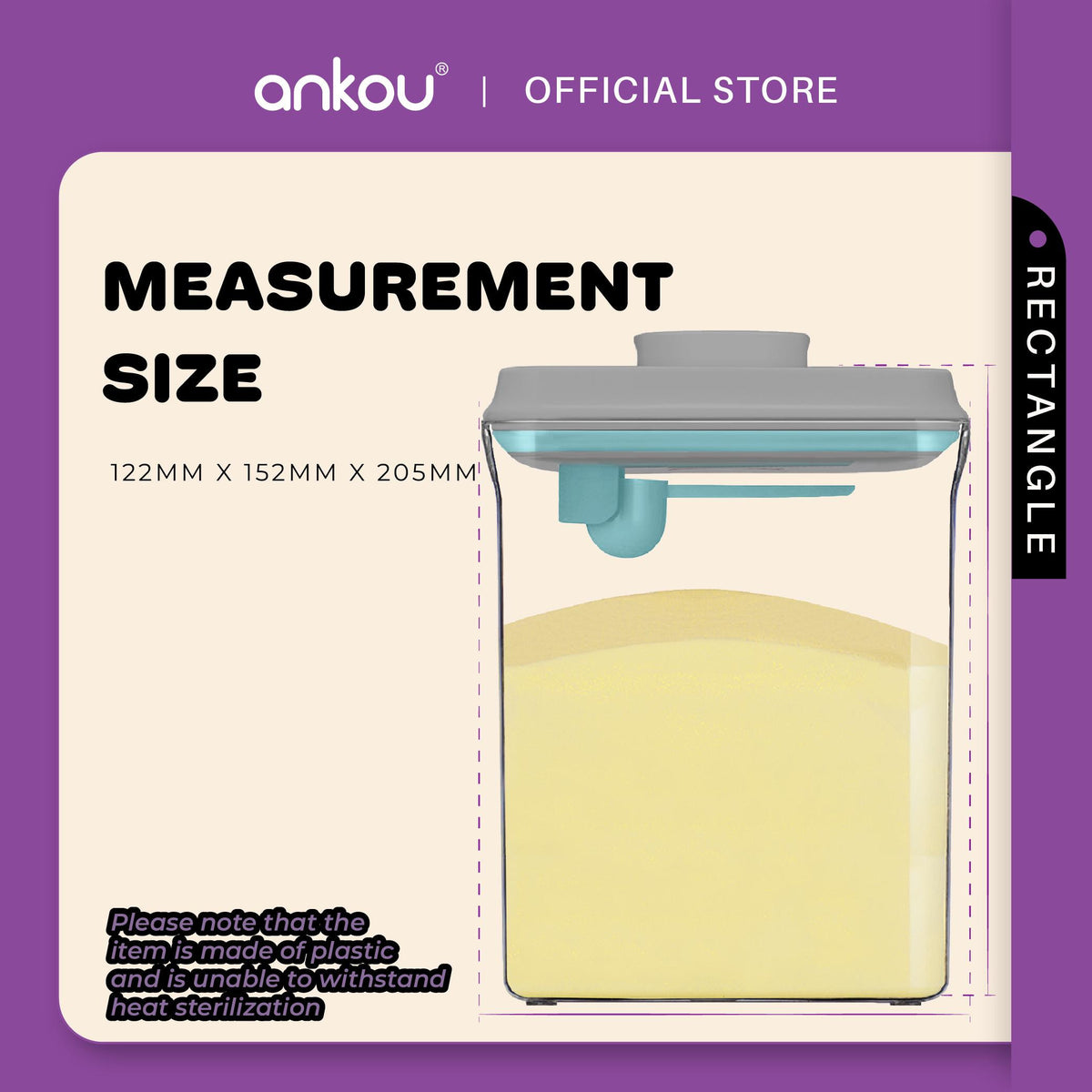 ANKOU Bekas Susu Kedap Udara Segi Empat/Bekas Makanan Ringan Bayi (2300ml) - Rectangle Airtight Milk Powder Container
