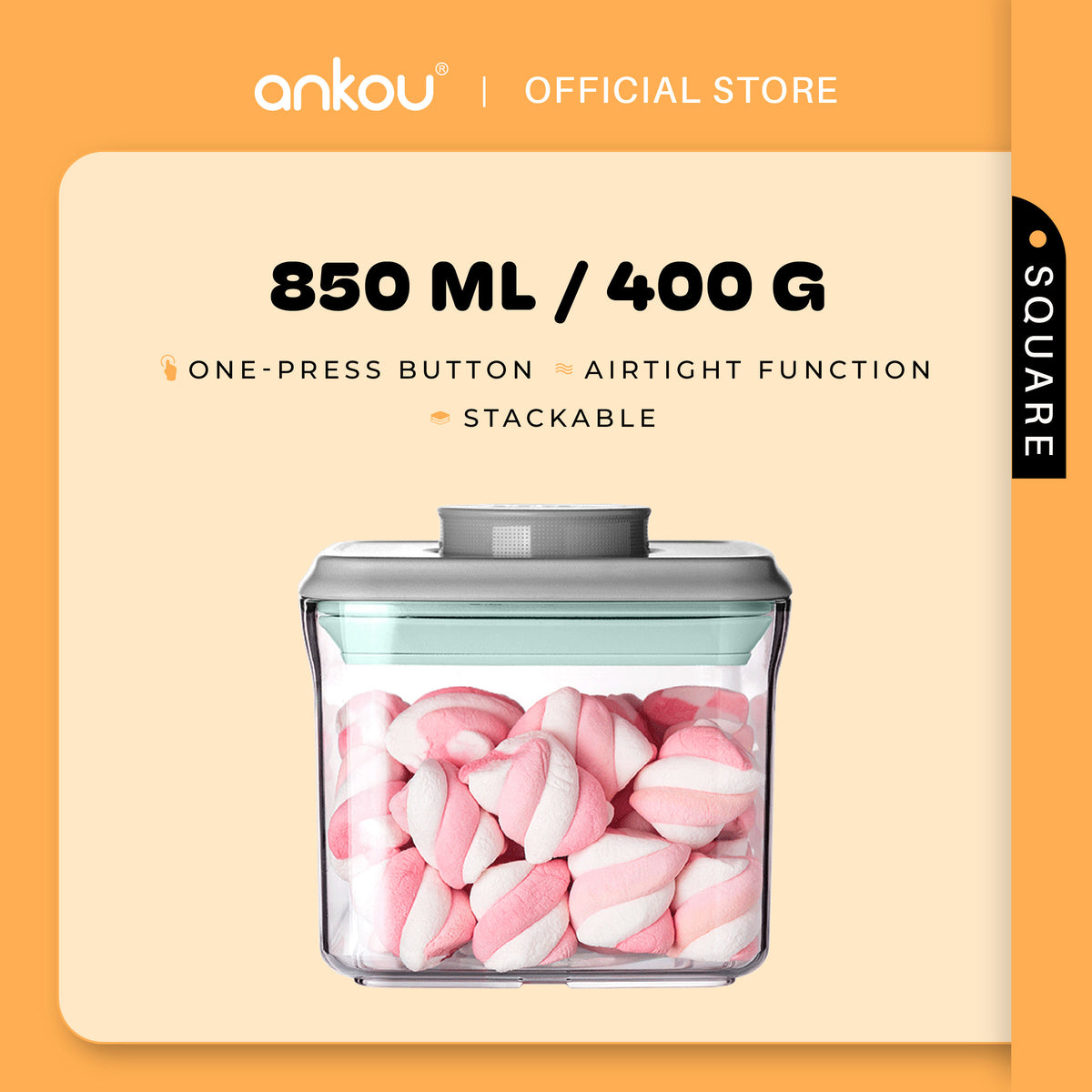 ANKOU Bekas Makanan & Snek Bayi Kedap Udara Segi Empat (850ml) - Square Multi-Purpose Airtight