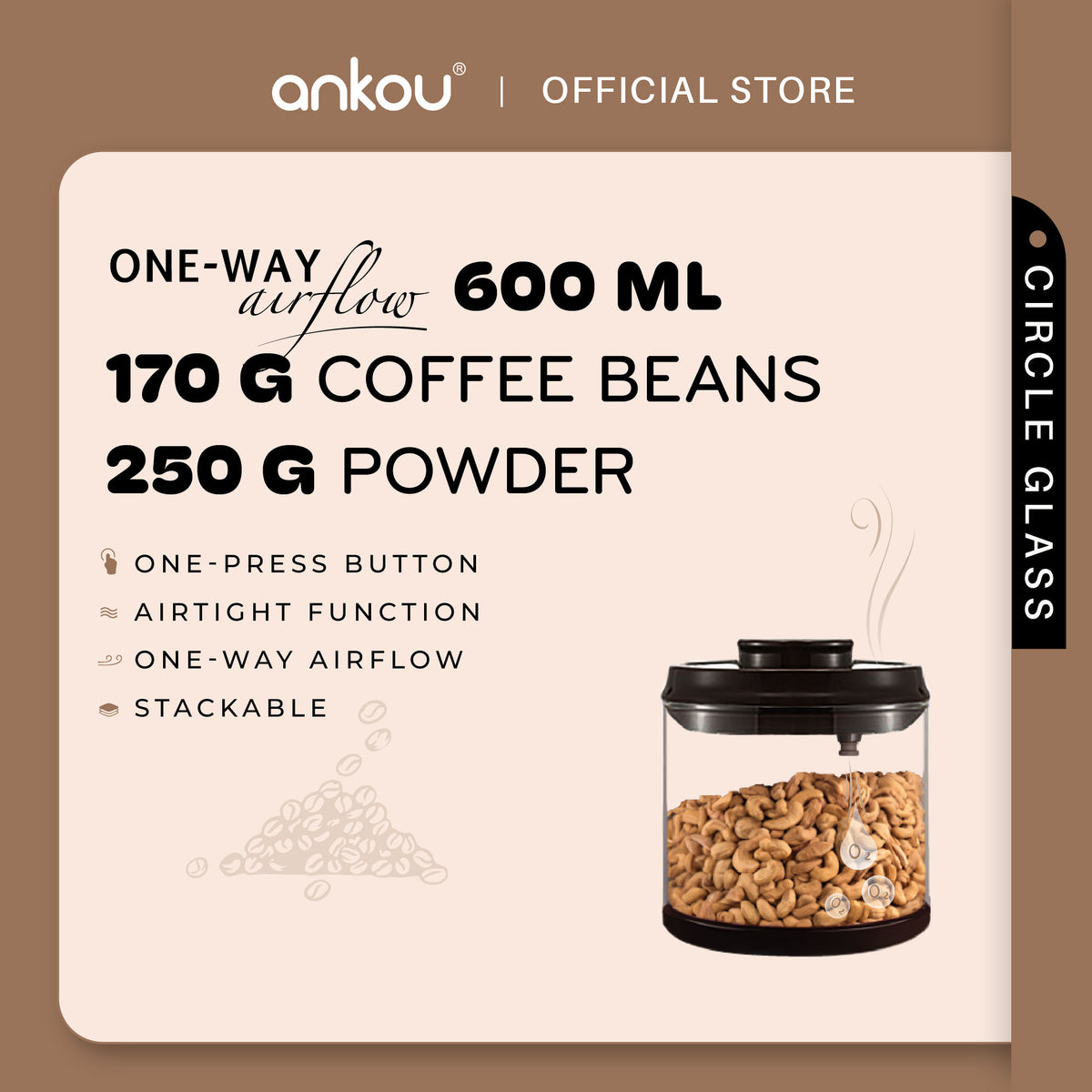 ANKOU Airtight One-Way Airflow Glass Container - Circle Glass (600ml)