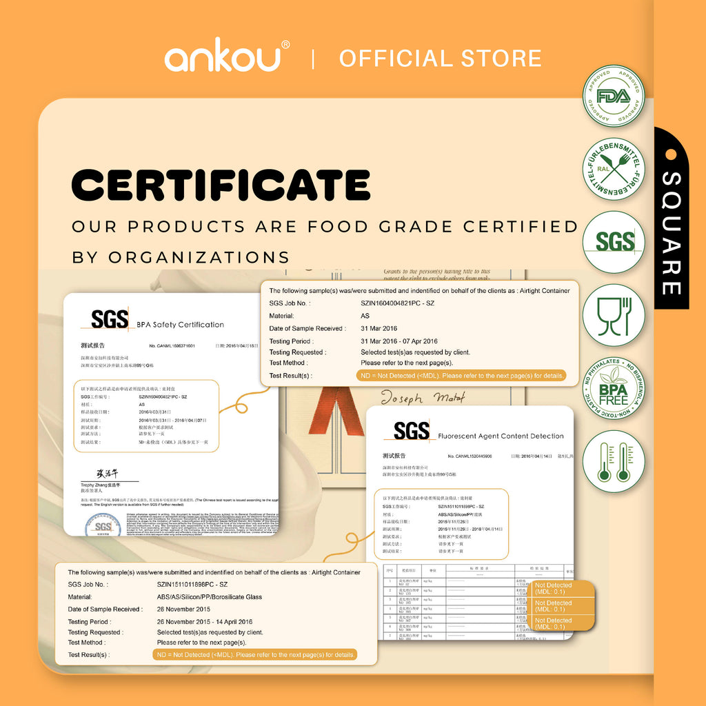 ANKOU Bekas Makanan & Snek Bayi Kedap Udara Segi Empat (850ml) - Square Multi-Purpose Airtight