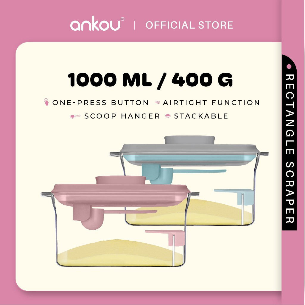 ANKOU Bekas Susu Kedap Udara Segi Empat & Pengikis (1000ml) - Rectangle Scraper Airtight Milk Powder Container