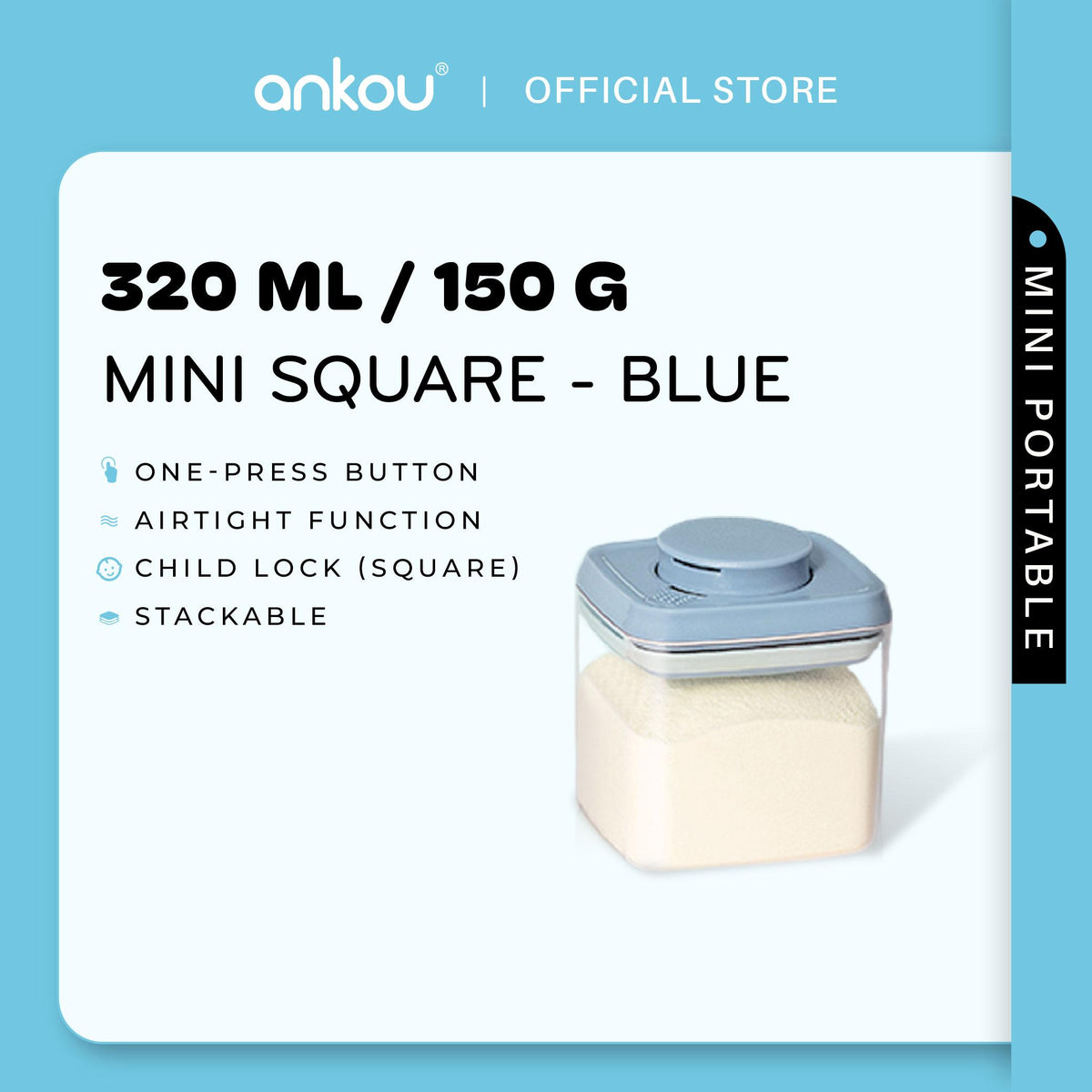 ANKOU Bekas Mini Susu & Snek Bayi Kedap Udara (320ml Segi Empat & Kunci Keselamatan, 250ml Bulat) - Mini Airtight