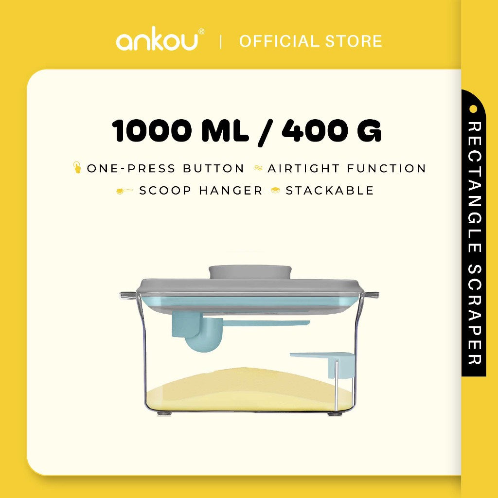 ANKOU Bekas Susu Kedap Udara Segi Empat & Pengikis (1000ml) - Rectangle Scraper Airtight Milk Powder Container