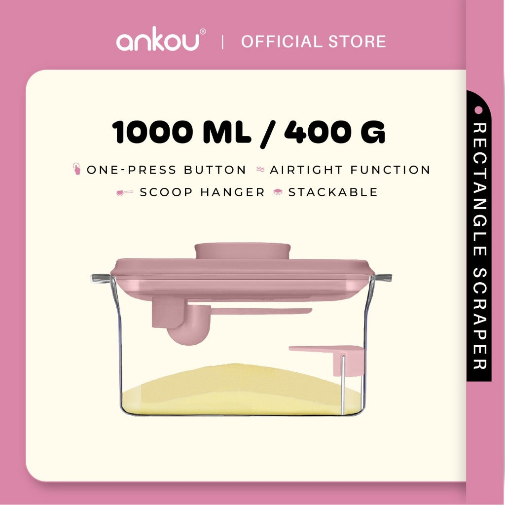 ANKOU Bekas Susu Kedap Udara Segi Empat & Pengikis (1000ml) - Rectangle Scraper Airtight Milk Powder Container